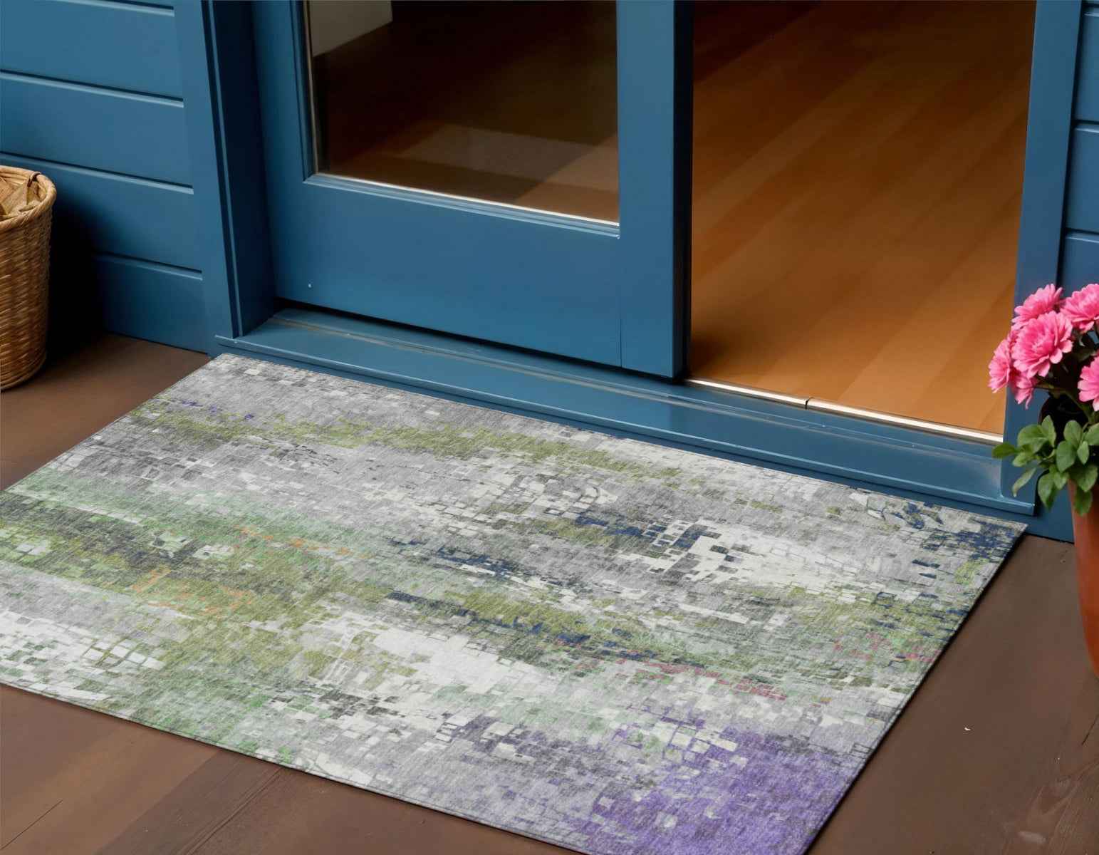 3' X 5' Artichoke Green Ivory And Purple Abstract Washable Indoor Outdoor Area Rug