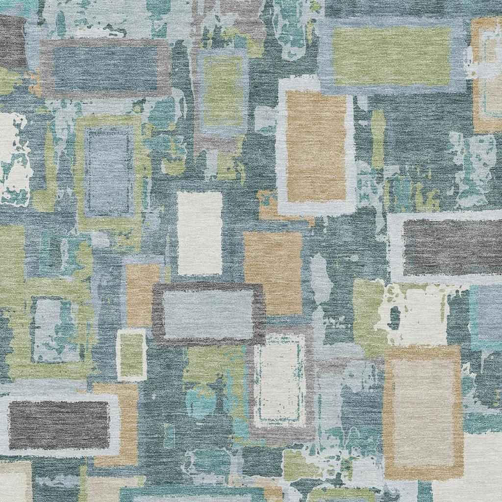 8' X 10' Teal Blue Green And Ivory Geometric Washable Indoor Outdoor Area Rug