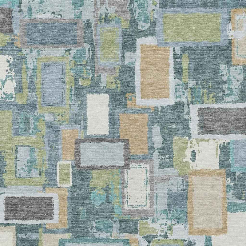 8' X 10' Teal Blue Green And Ivory Geometric Washable Indoor Outdoor Area Rug