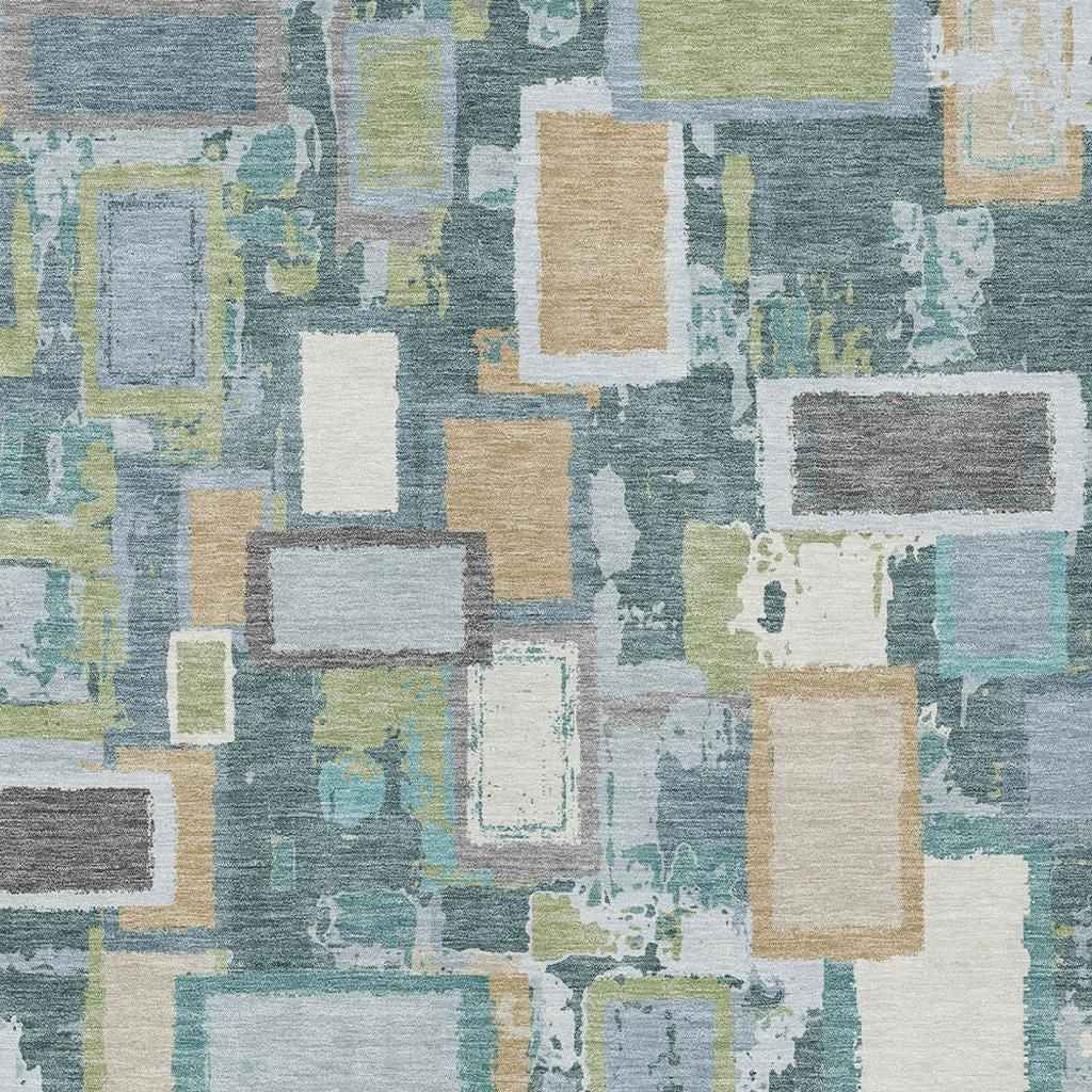 8' X 10' Teal Blue Green And Ivory Geometric Washable Indoor Outdoor Area Rug