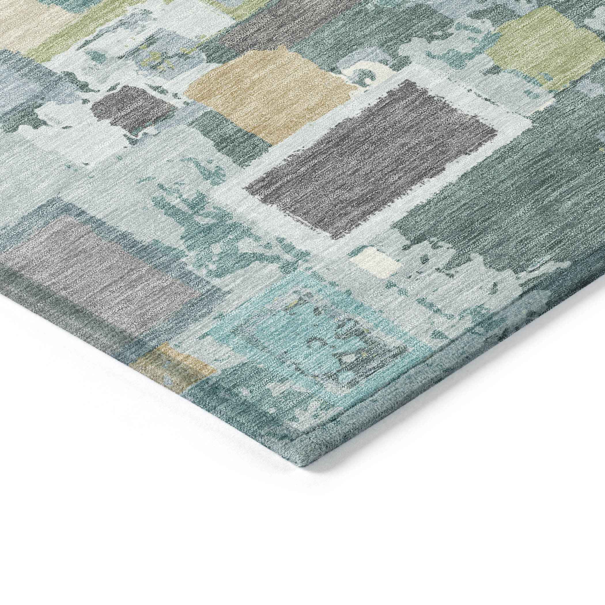8' X 10' Teal Blue Green And Ivory Geometric Washable Indoor Outdoor Area Rug