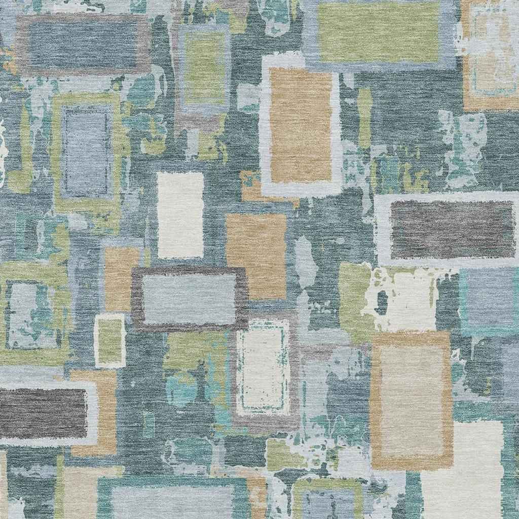 8' X 10' Teal Blue Green And Ivory Geometric Washable Indoor Outdoor Area Rug