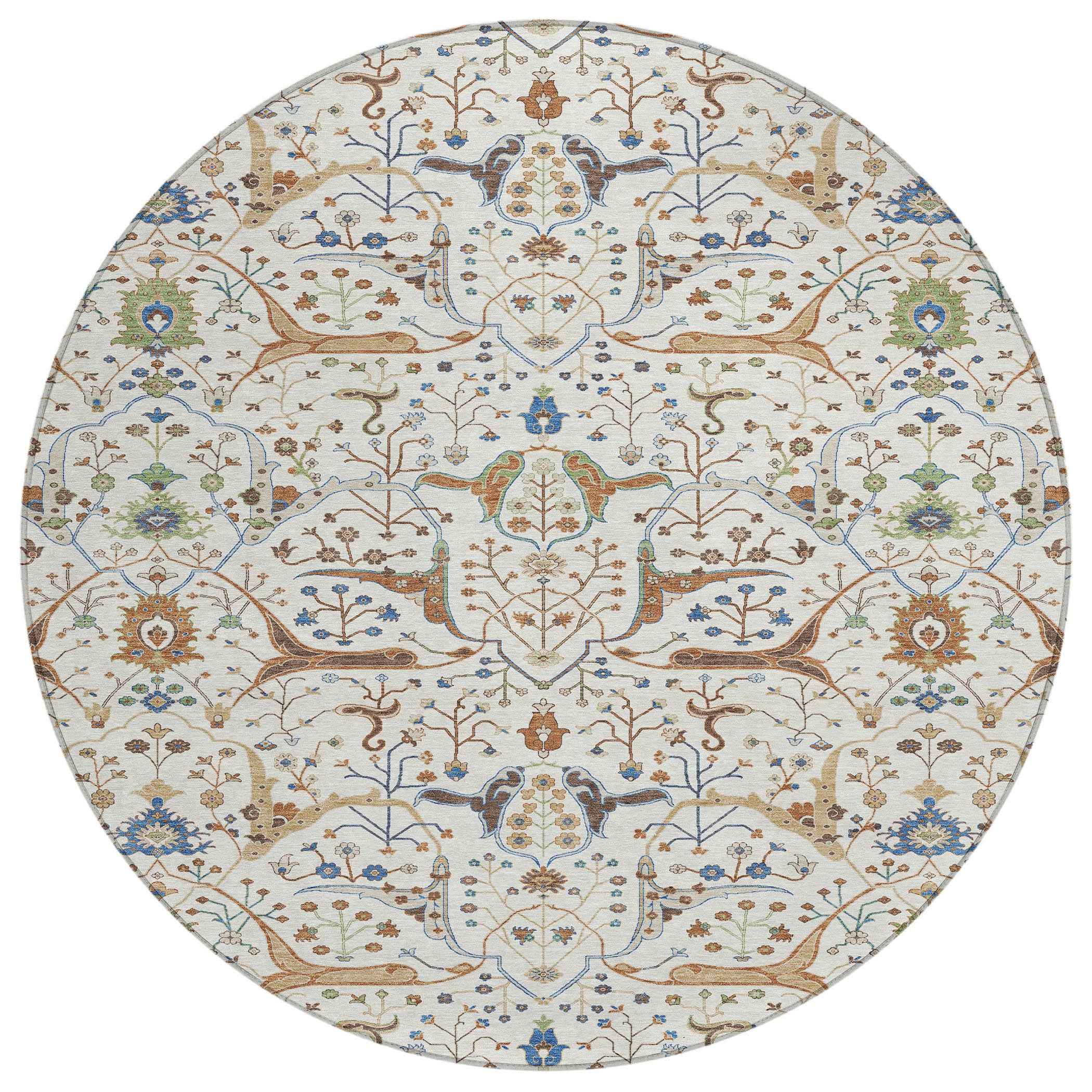 8' Ivory Copper And Blue Round Floral Washable Indoor Outdoor Area Rug