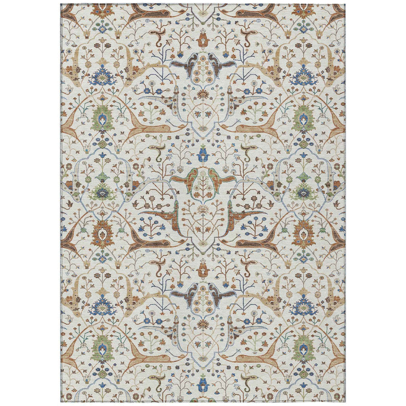 3' X 5' Ivory Copper And Blue Floral Washable Indoor Outdoor Area Rug