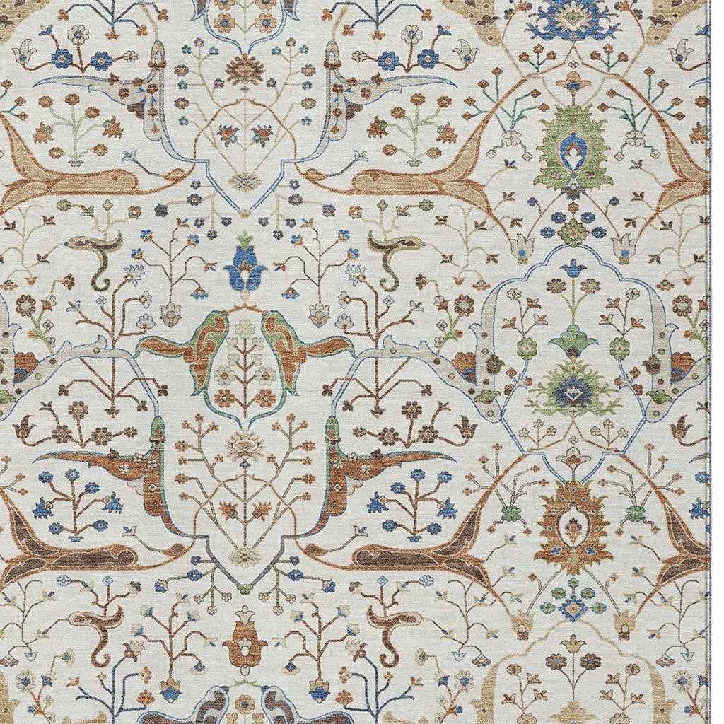 3' X 5' Ivory Copper And Blue Floral Washable Indoor Outdoor Area Rug