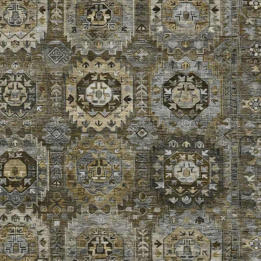 10' X 14' Brown Charcoal And Beige Medallion Washable Indoor Outdoor Area Rug