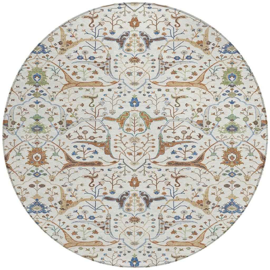 8' Ivory Copper And Blue Round Floral Washable Indoor Outdoor Area Rug
