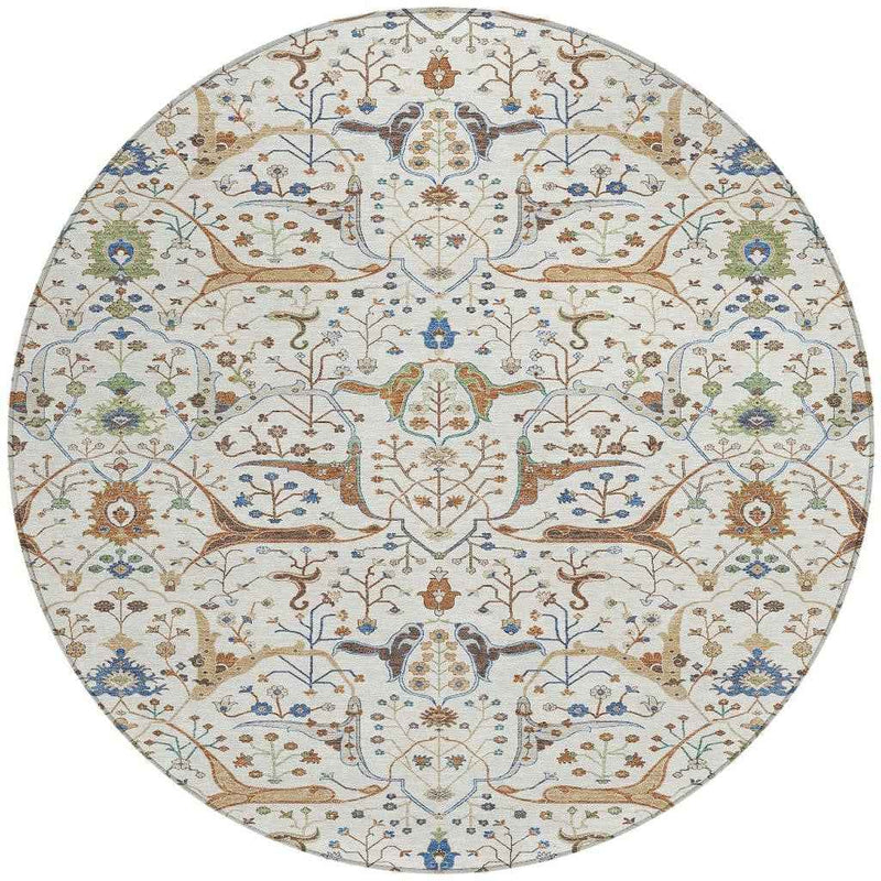 8' Ivory Copper And Blue Round Floral Washable Indoor Outdoor Area Rug