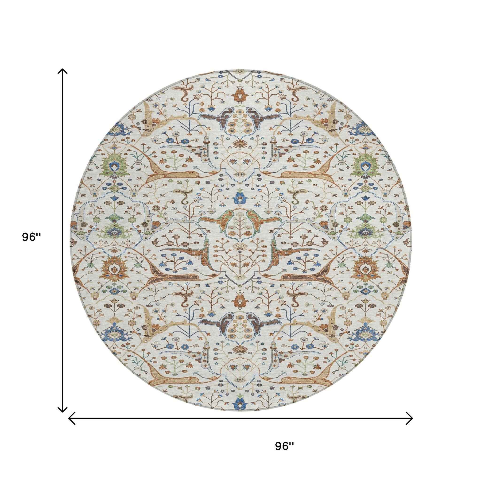8' Ivory Copper And Blue Round Floral Washable Indoor Outdoor Area Rug