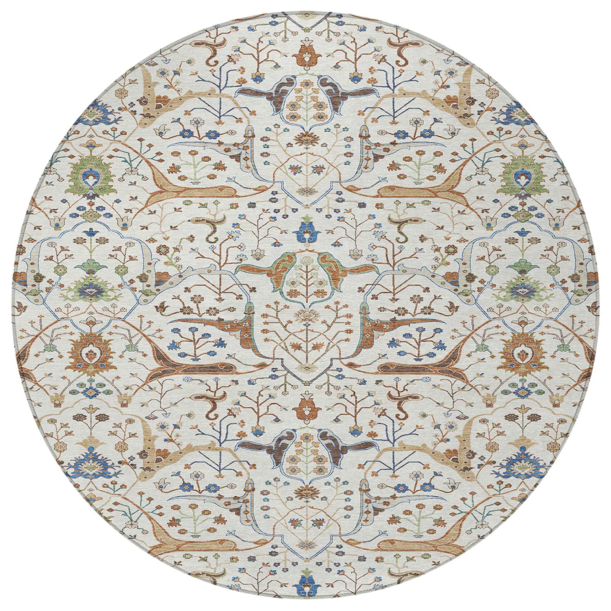 8' Ivory Copper And Blue Round Floral Washable Indoor Outdoor Area Rug