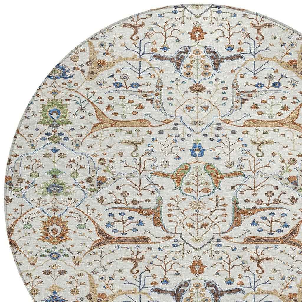 8' Ivory Copper And Blue Round Floral Washable Indoor Outdoor Area Rug