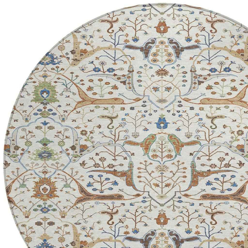 8' Ivory Copper And Blue Round Floral Washable Indoor Outdoor Area Rug