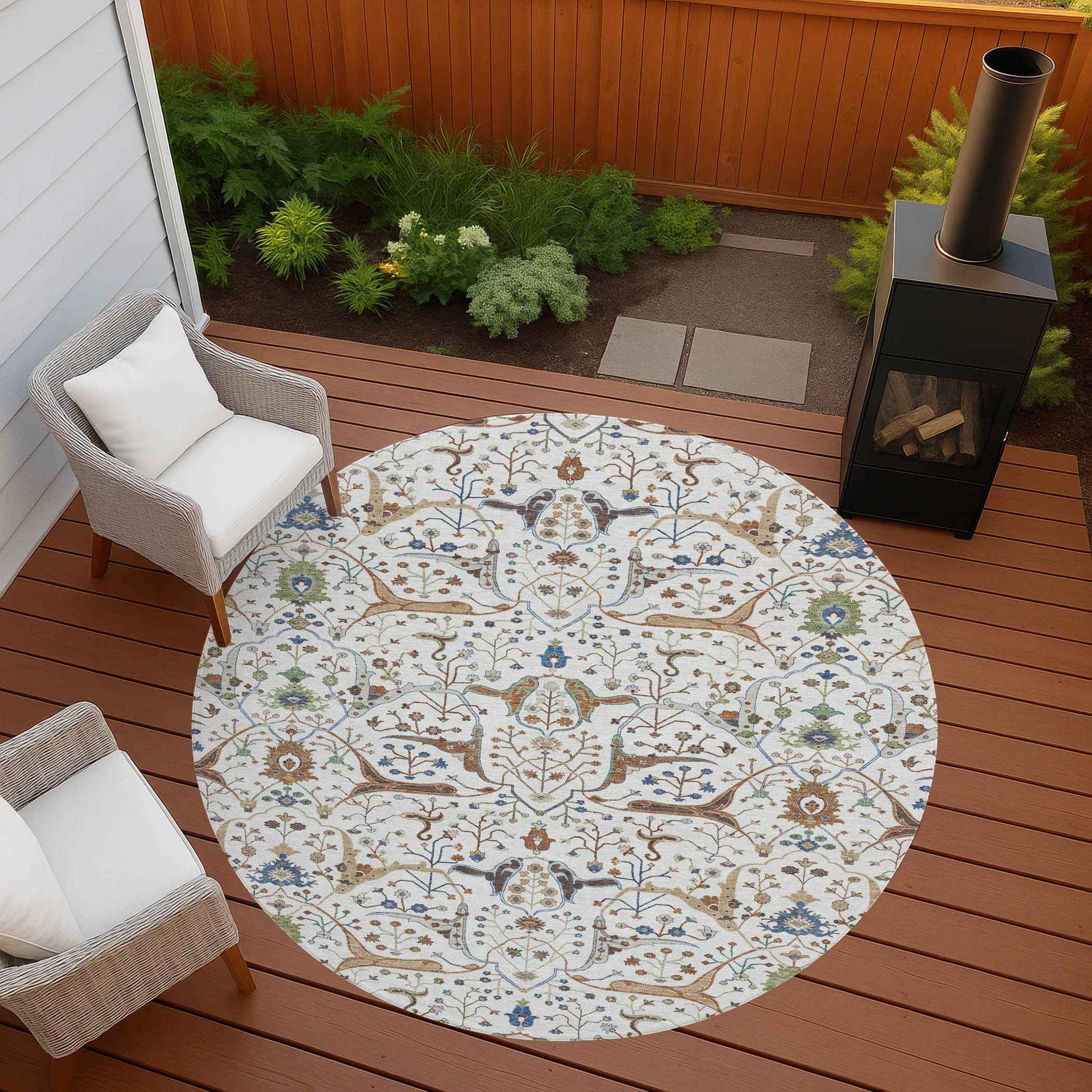 8' Ivory Copper And Blue Round Floral Washable Indoor Outdoor Area Rug