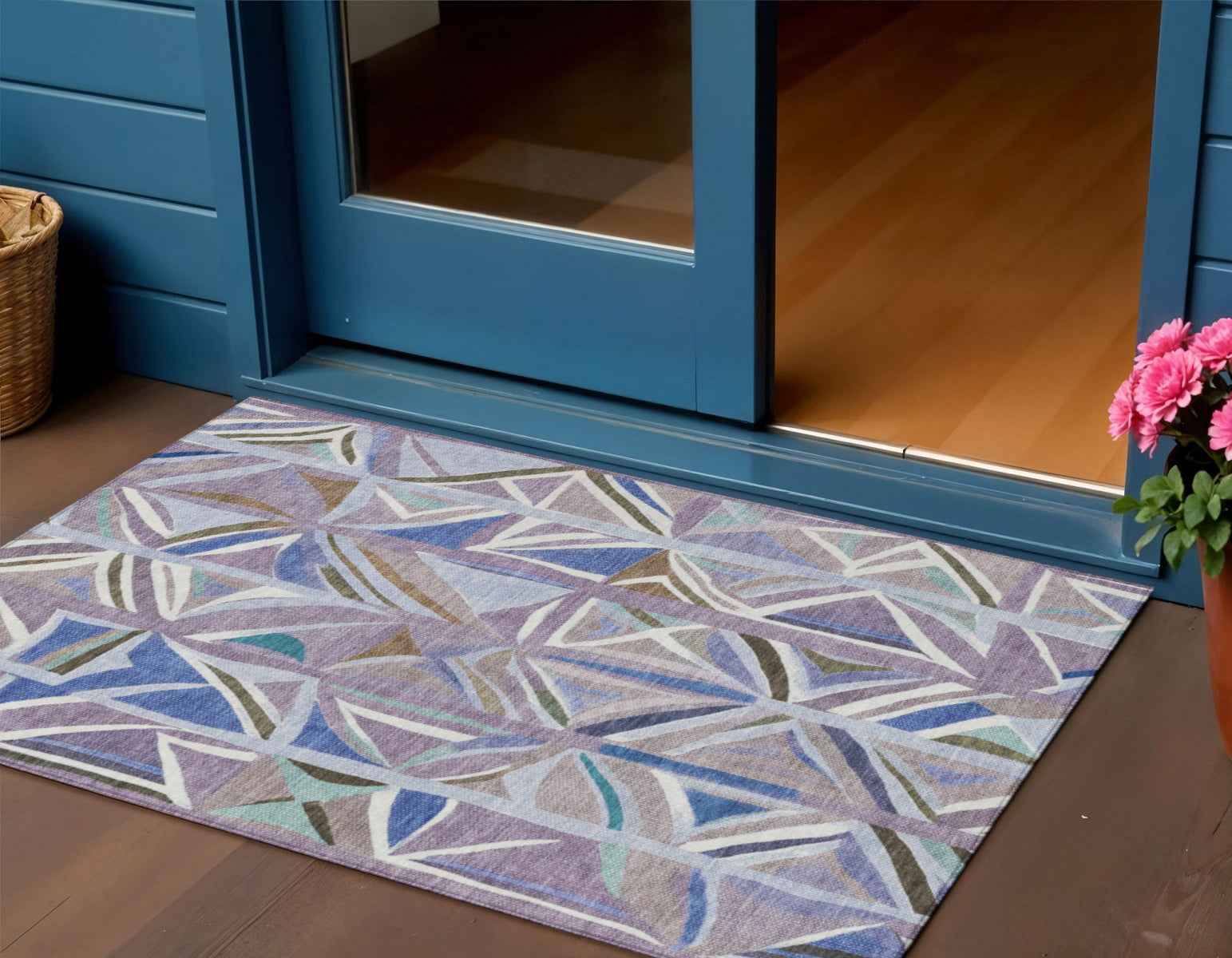 3' X 5' Lavender Ivory And Blue Geometric Washable Indoor Outdoor Area Rug