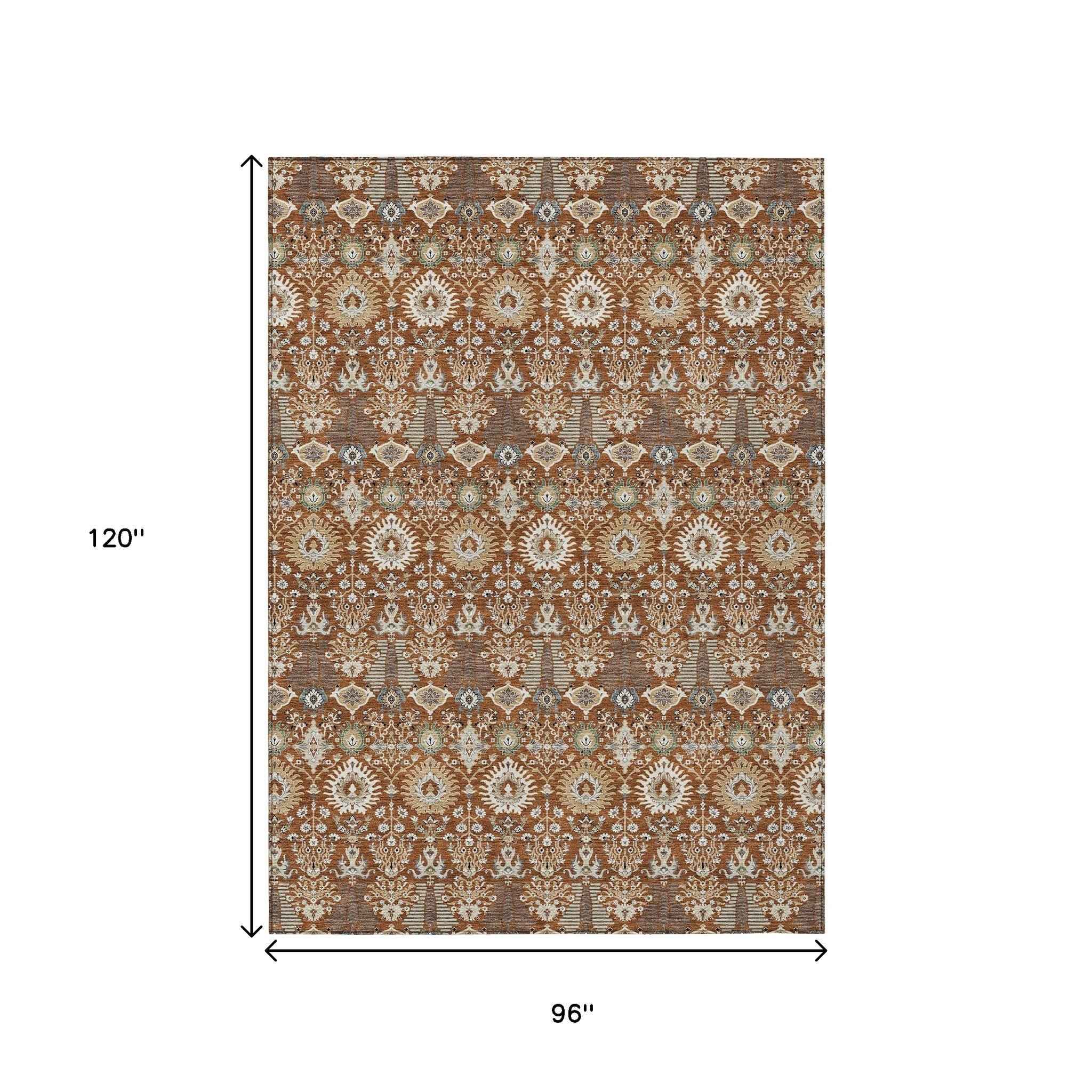 8' X 10' Rust And Ivory Floral Washable Indoor Outdoor Area Rug