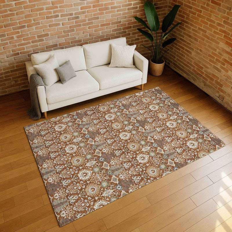 8' X 10' Rust And Ivory Floral Washable Indoor Outdoor Area Rug