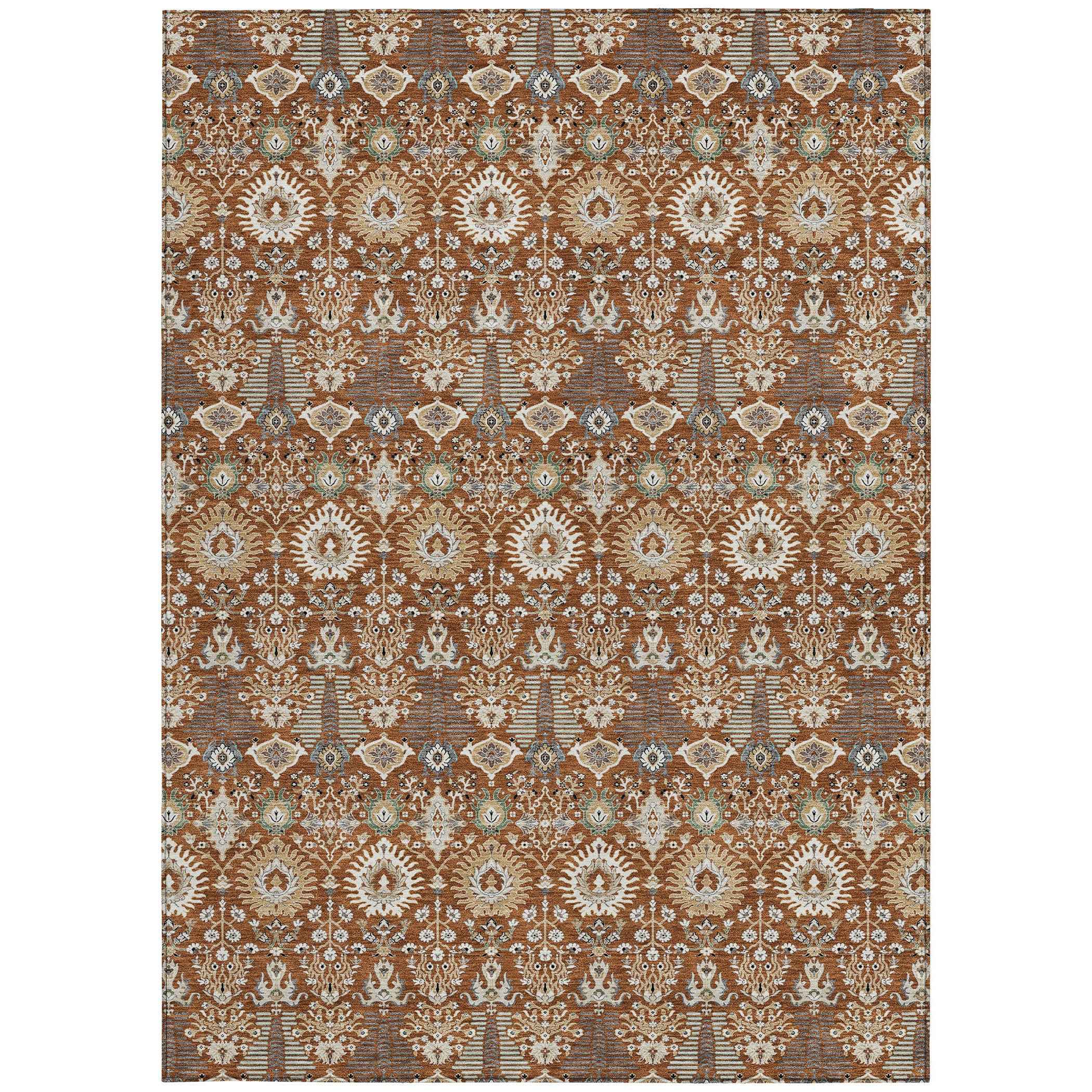 8' X 10' Rust And Ivory Floral Washable Indoor Outdoor Area Rug