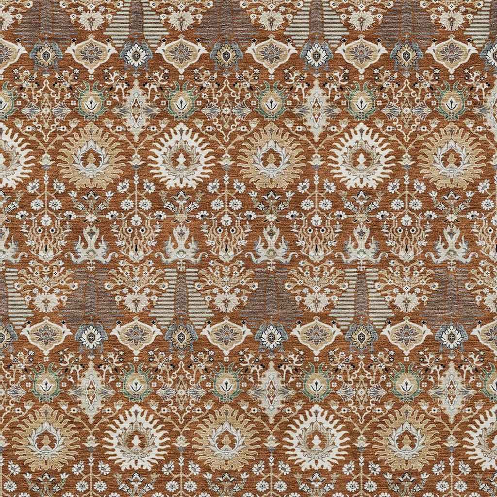 8' X 10' Rust And Ivory Floral Washable Indoor Outdoor Area Rug