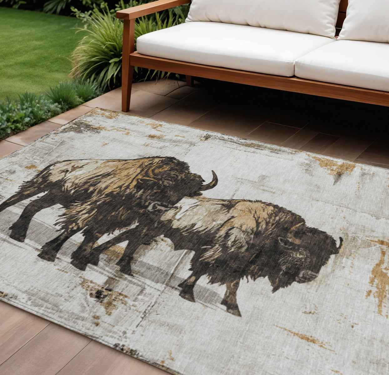 9' X 12' Khaki Black And Ivory Animal Print Washable Indoor Outdoor Area Rug