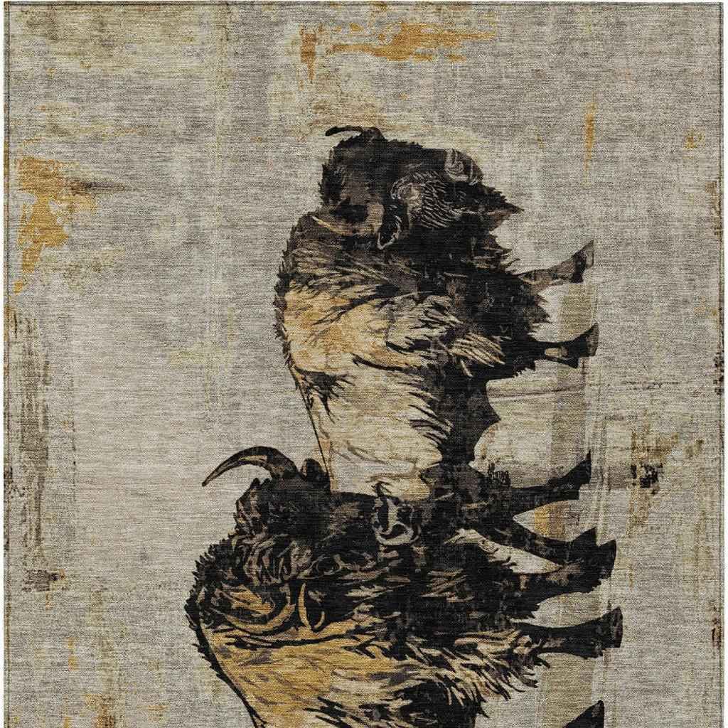 9' X 12' Khaki Black And Ivory Animal Print Washable Indoor Outdoor Area Rug