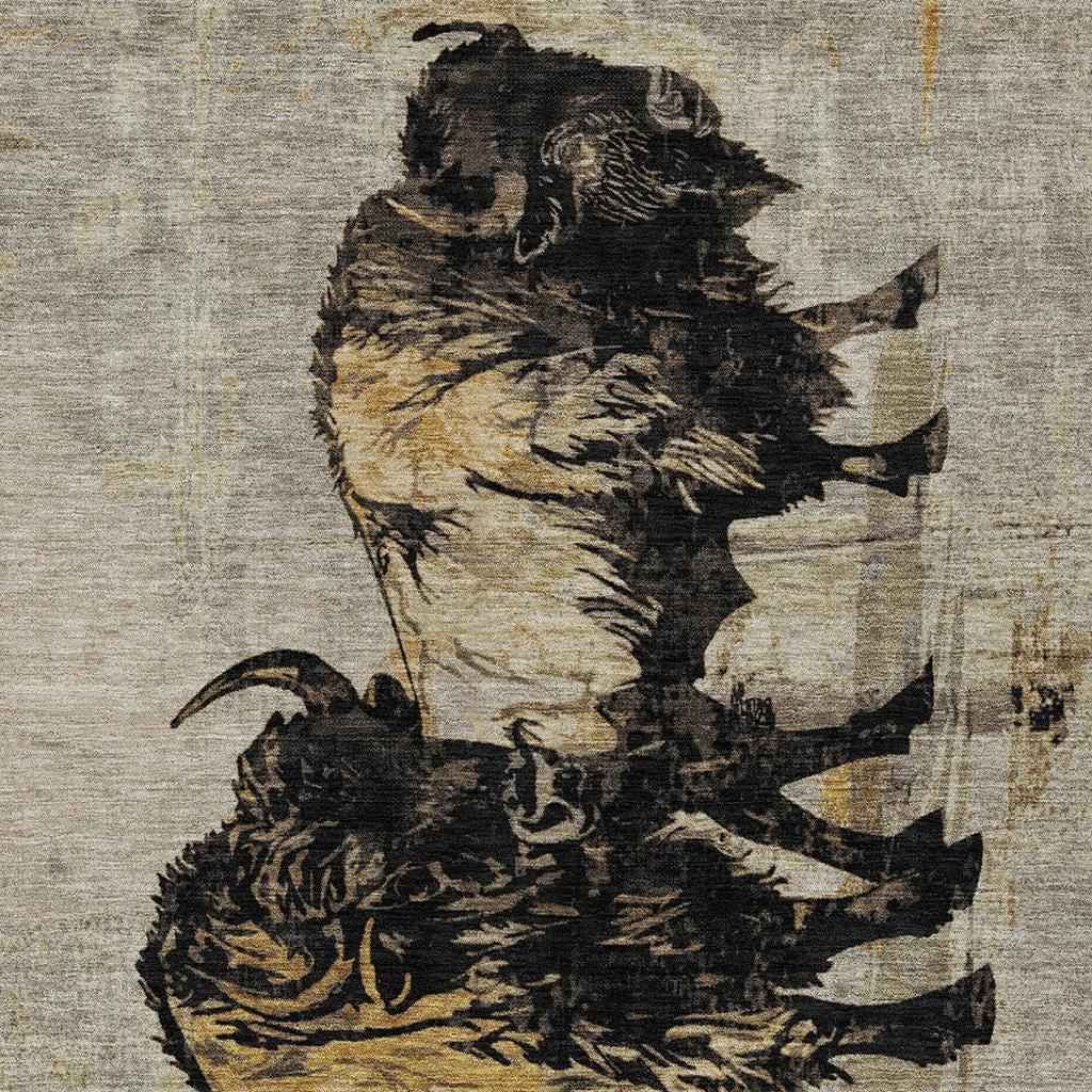 9' X 12' Khaki Black And Ivory Animal Print Washable Indoor Outdoor Area Rug