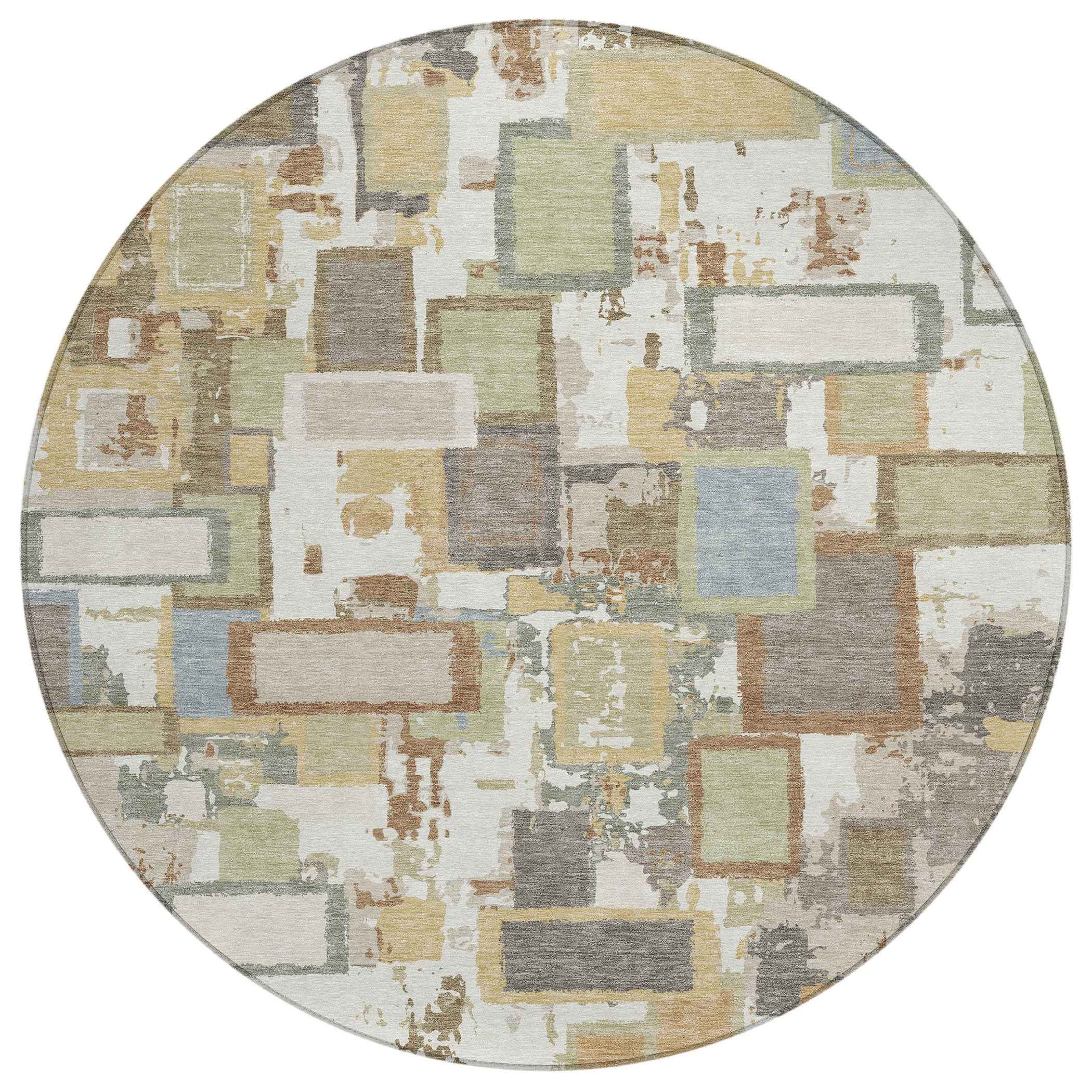 8' Ivory Gold And Blue Round Geometric Washable Indoor Outdoor Area Rug