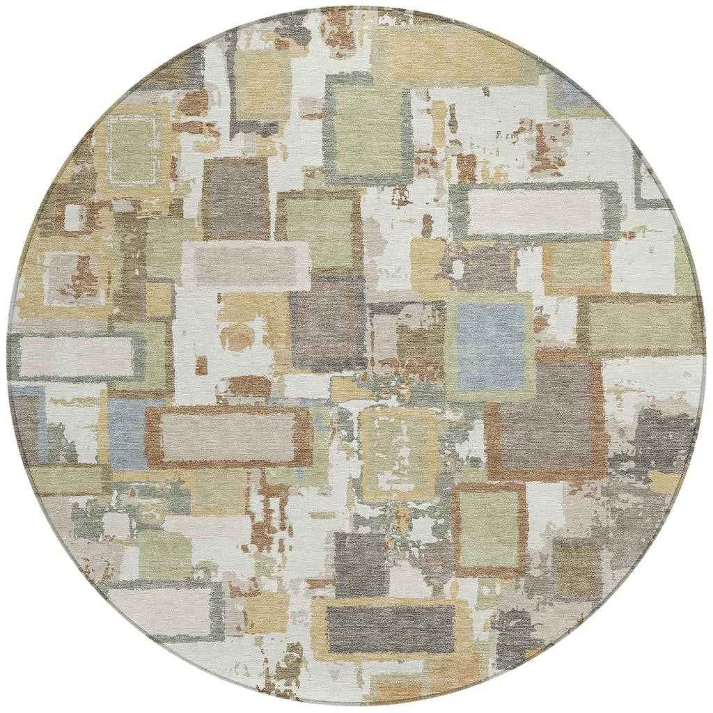 8' Ivory Gold And Blue Round Geometric Washable Indoor Outdoor Area Rug