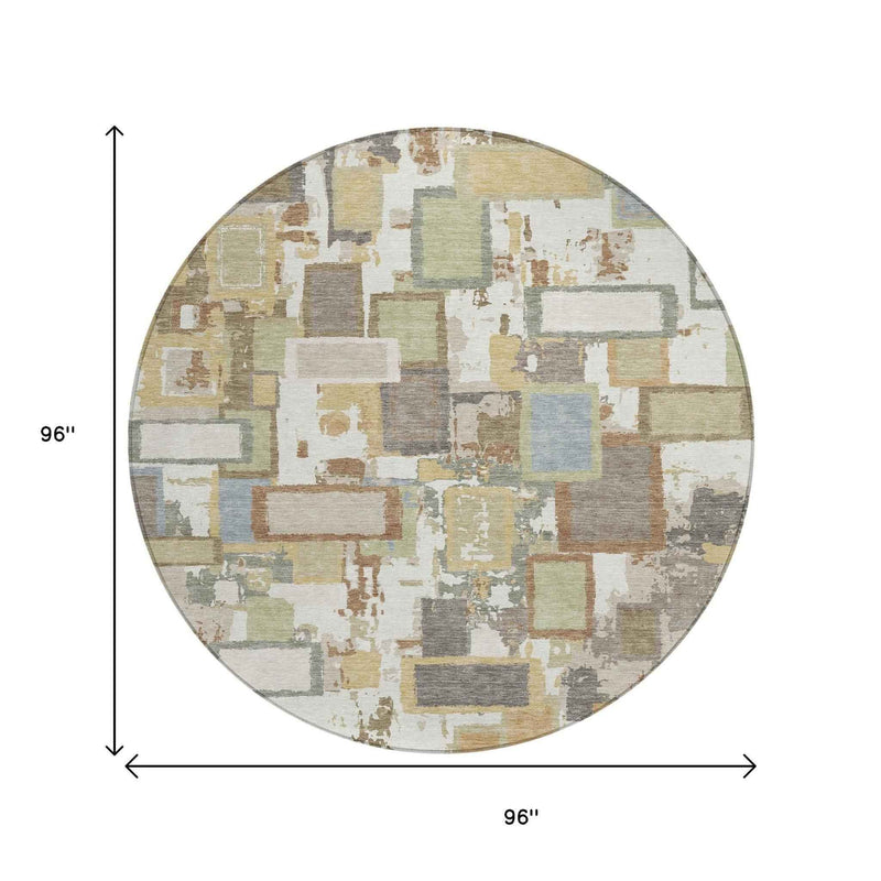 8' Ivory Gold And Blue Round Geometric Washable Indoor Outdoor Area Rug