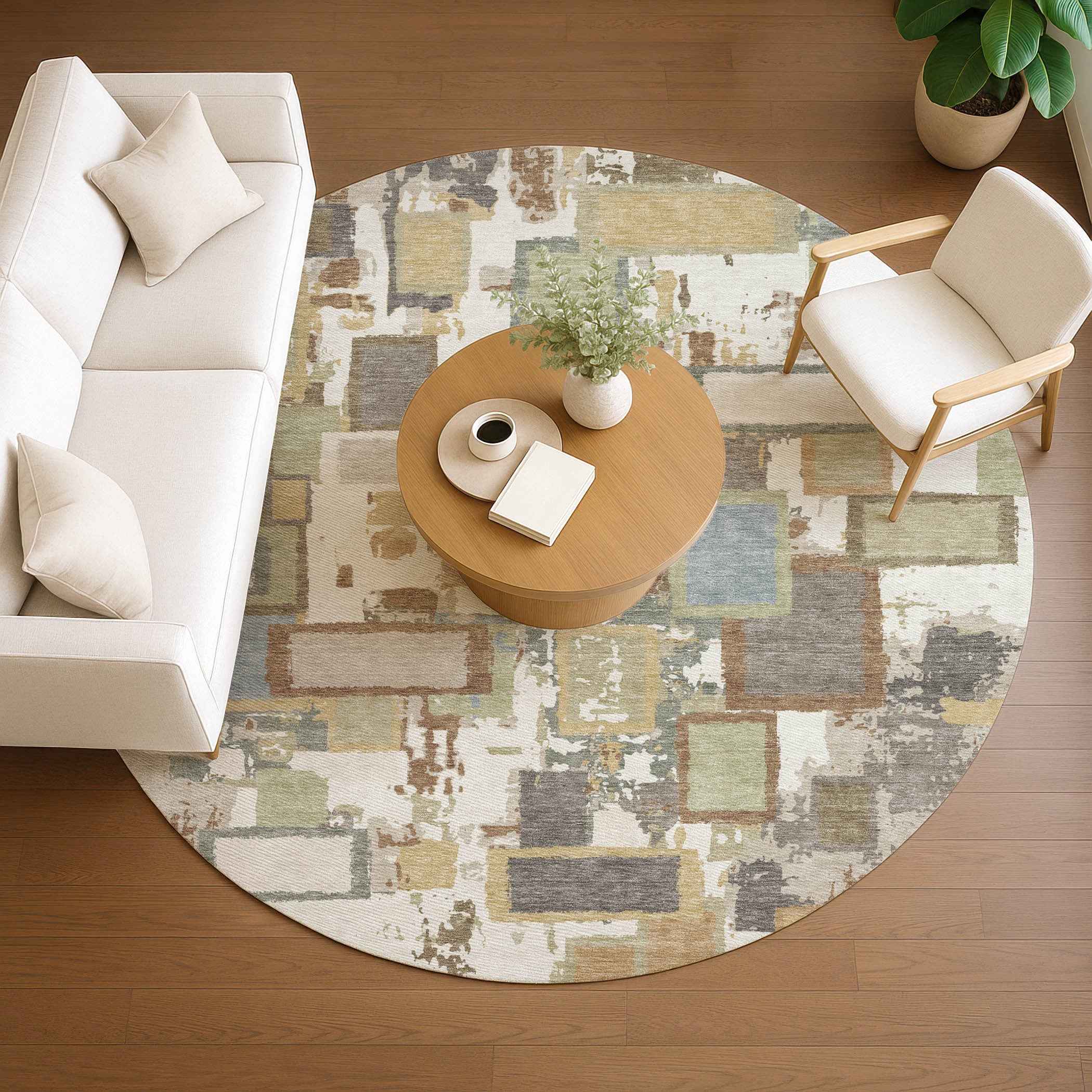 8' Ivory Gold And Blue Round Geometric Washable Indoor Outdoor Area Rug