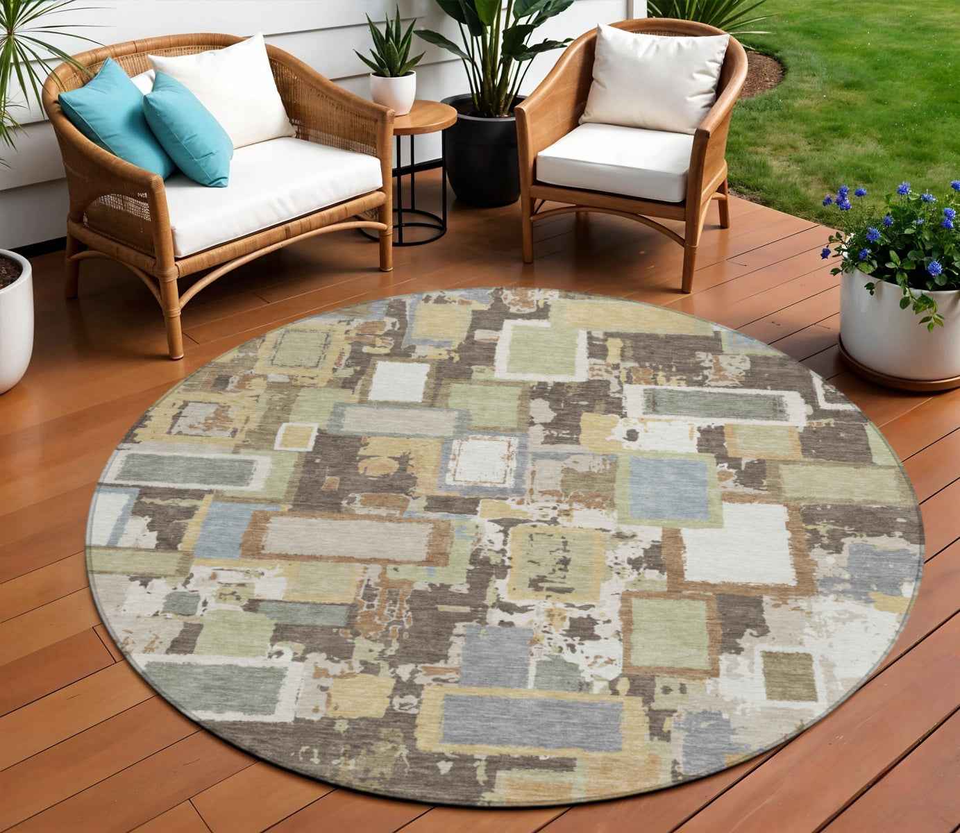 8' Ivory Gold And Blue Round Geometric Washable Indoor Outdoor Area Rug