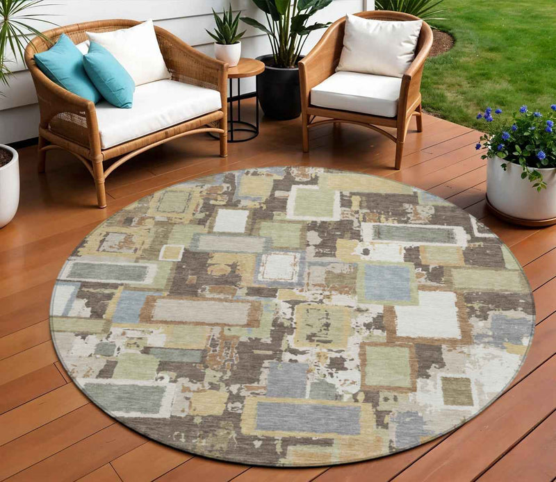 8' Ivory Gold And Blue Round Geometric Washable Indoor Outdoor Area Rug