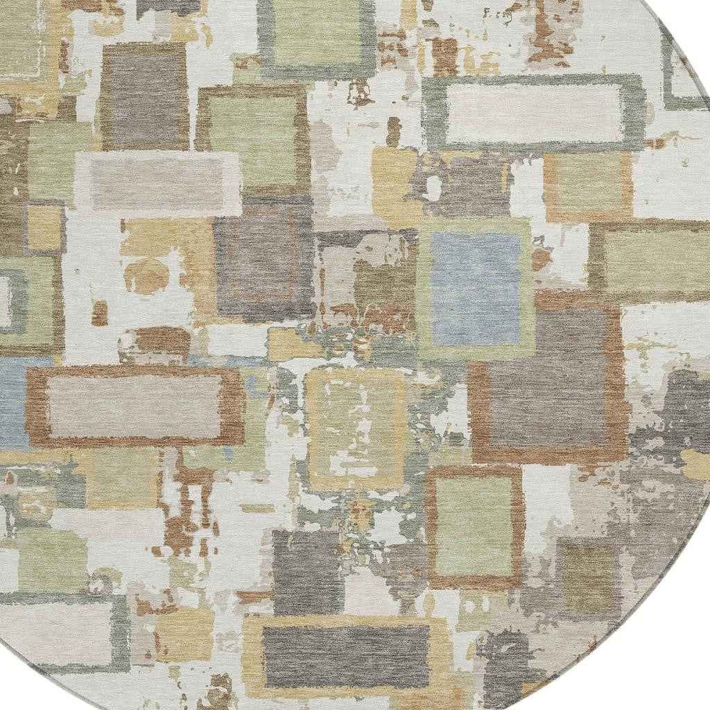 8' Ivory Gold And Blue Round Geometric Washable Indoor Outdoor Area Rug