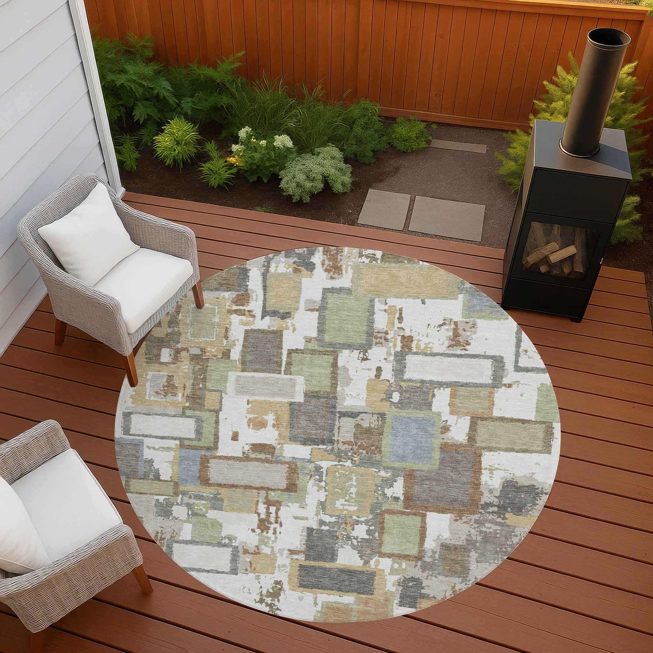 8' Ivory Gold And Blue Round Geometric Washable Indoor Outdoor Area Rug