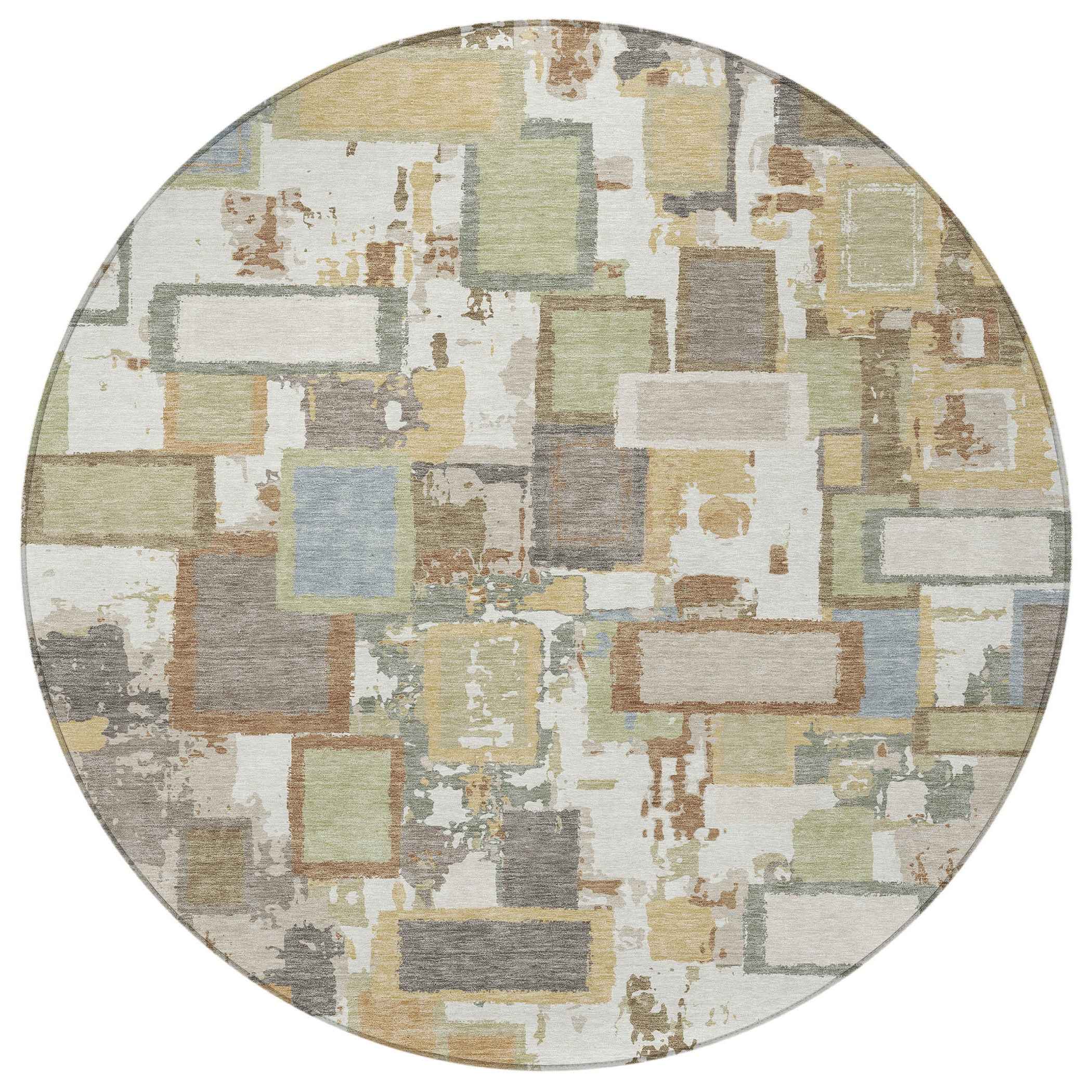 8' Ivory Gold And Blue Round Geometric Washable Indoor Outdoor Area Rug