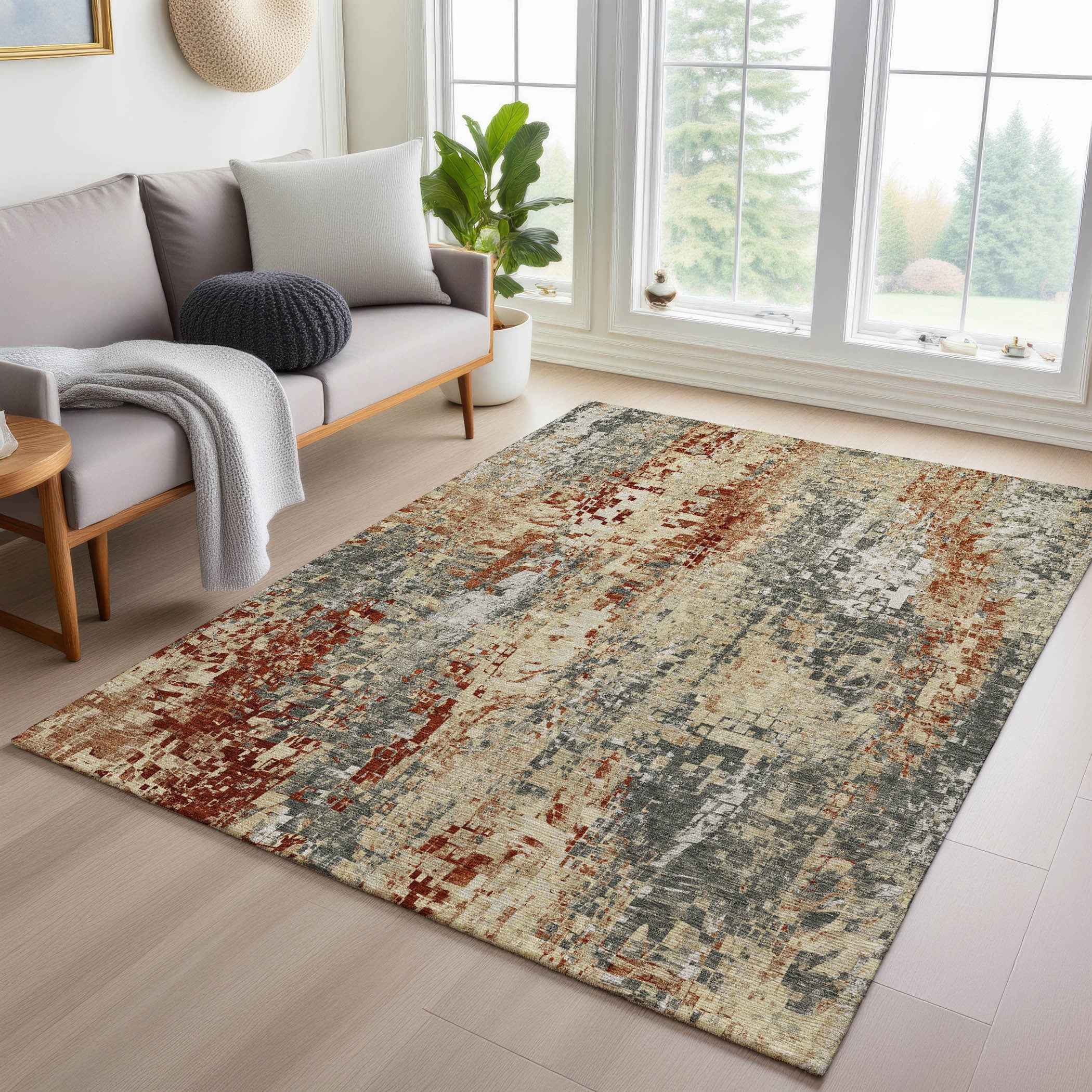 3' X 5' Pewter Rust And Gray Abstract Washable Indoor Outdoor Area Rug