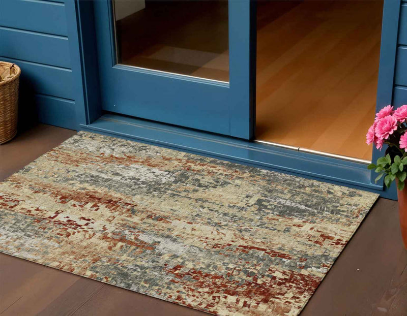 3' X 5' Pewter Rust And Gray Abstract Washable Indoor Outdoor Area Rug