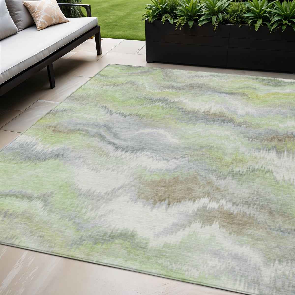 5' X 8' Artichoke Green And Ivory Abstract Washable Indoor Outdoor Area Rug