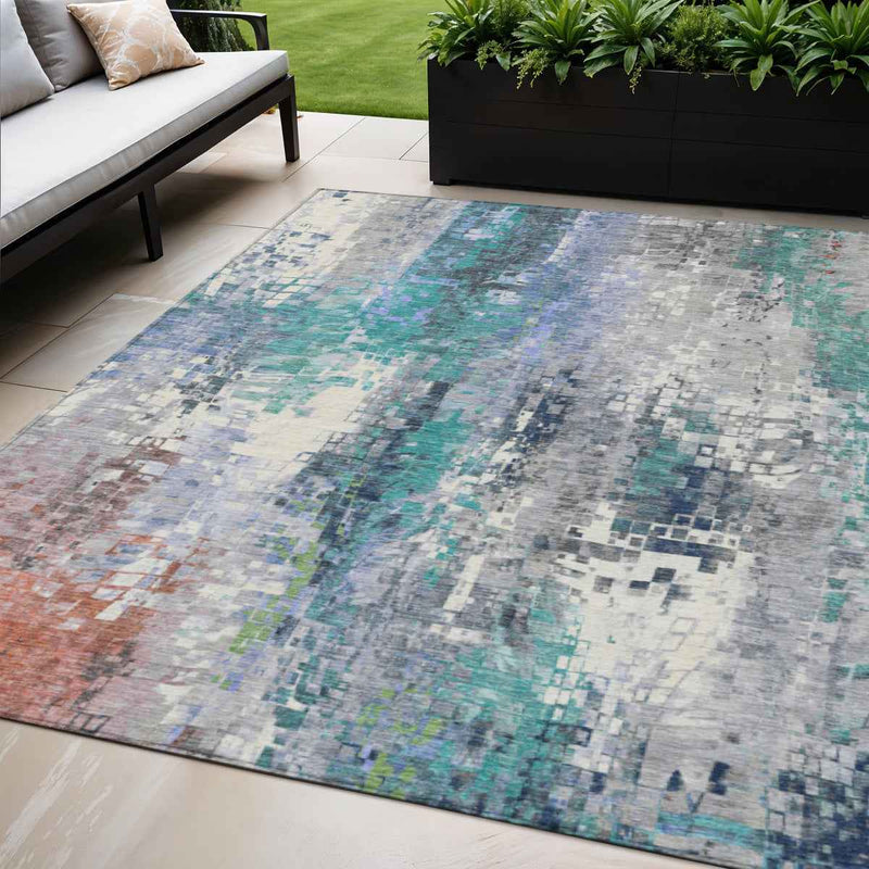 5' X 8' Teal Blue Ivory Gray And Copper Abstract Washable Indoor Outdoor Area Rug