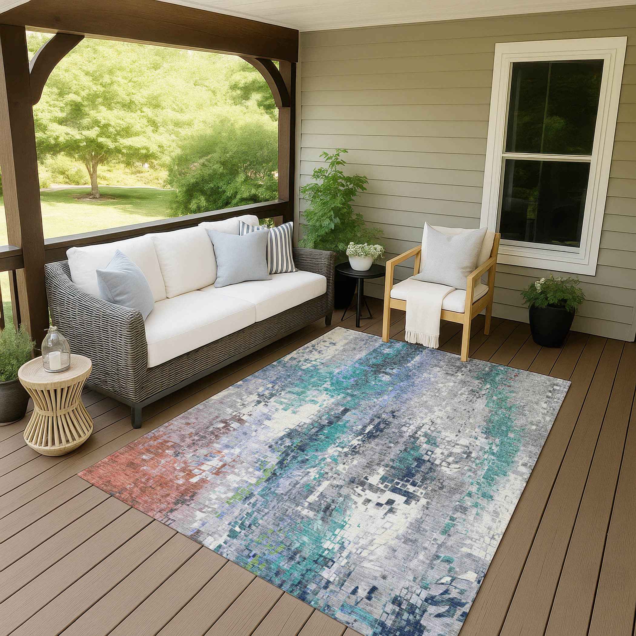 5' X 8' Teal Blue Ivory Gray And Copper Abstract Washable Indoor Outdoor Area Rug