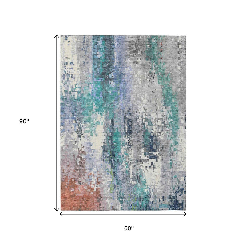 5' X 8' Teal Blue Ivory Gray And Copper Abstract Washable Indoor Outdoor Area Rug