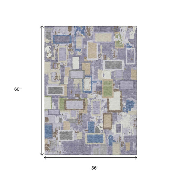 3' X 5' Purple Tan And Ivory Geometric Washable Indoor Outdoor Area Rug
