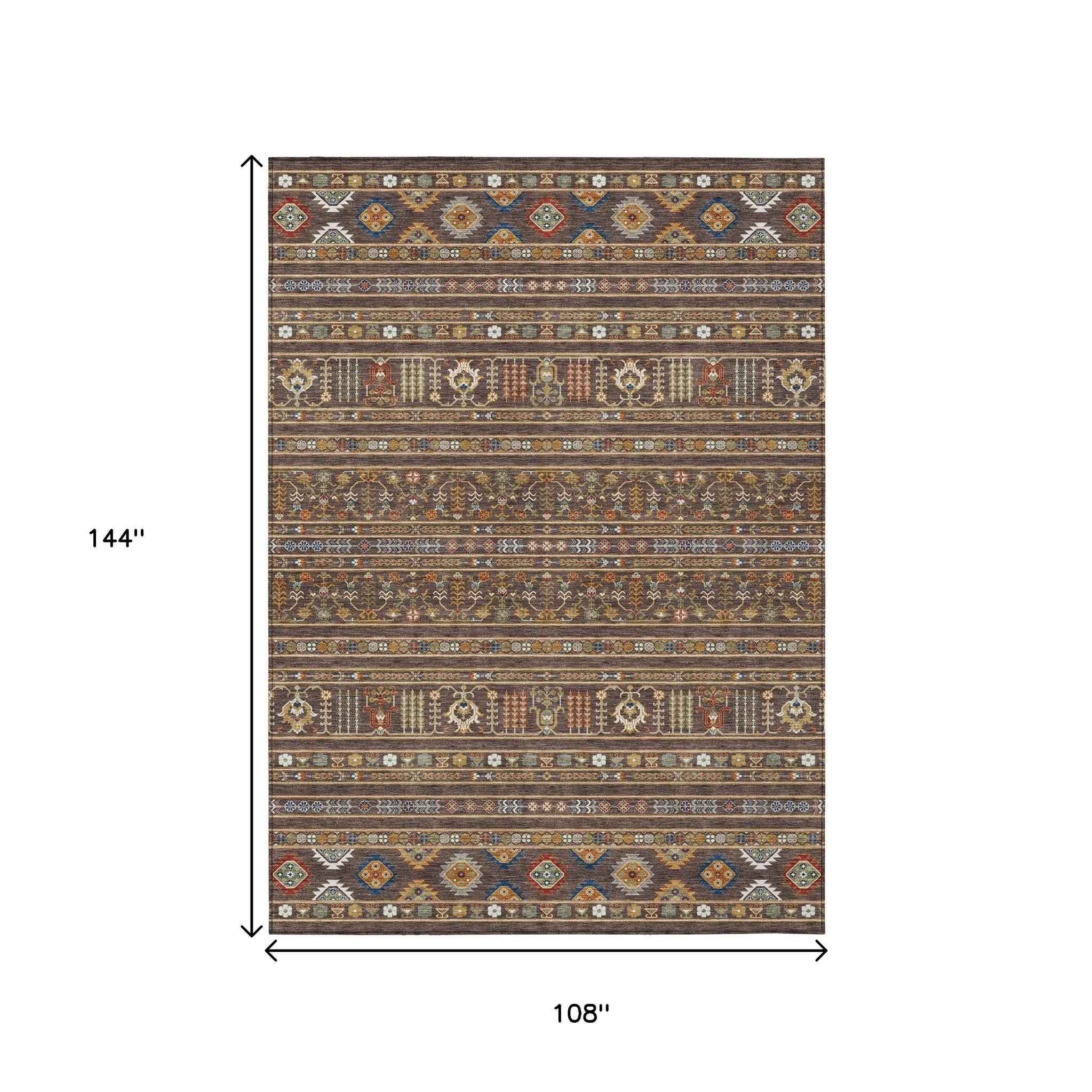 9' X 12' Chocolate Blue And Copper Tribal Washable Indoor Outdoor Area Rug