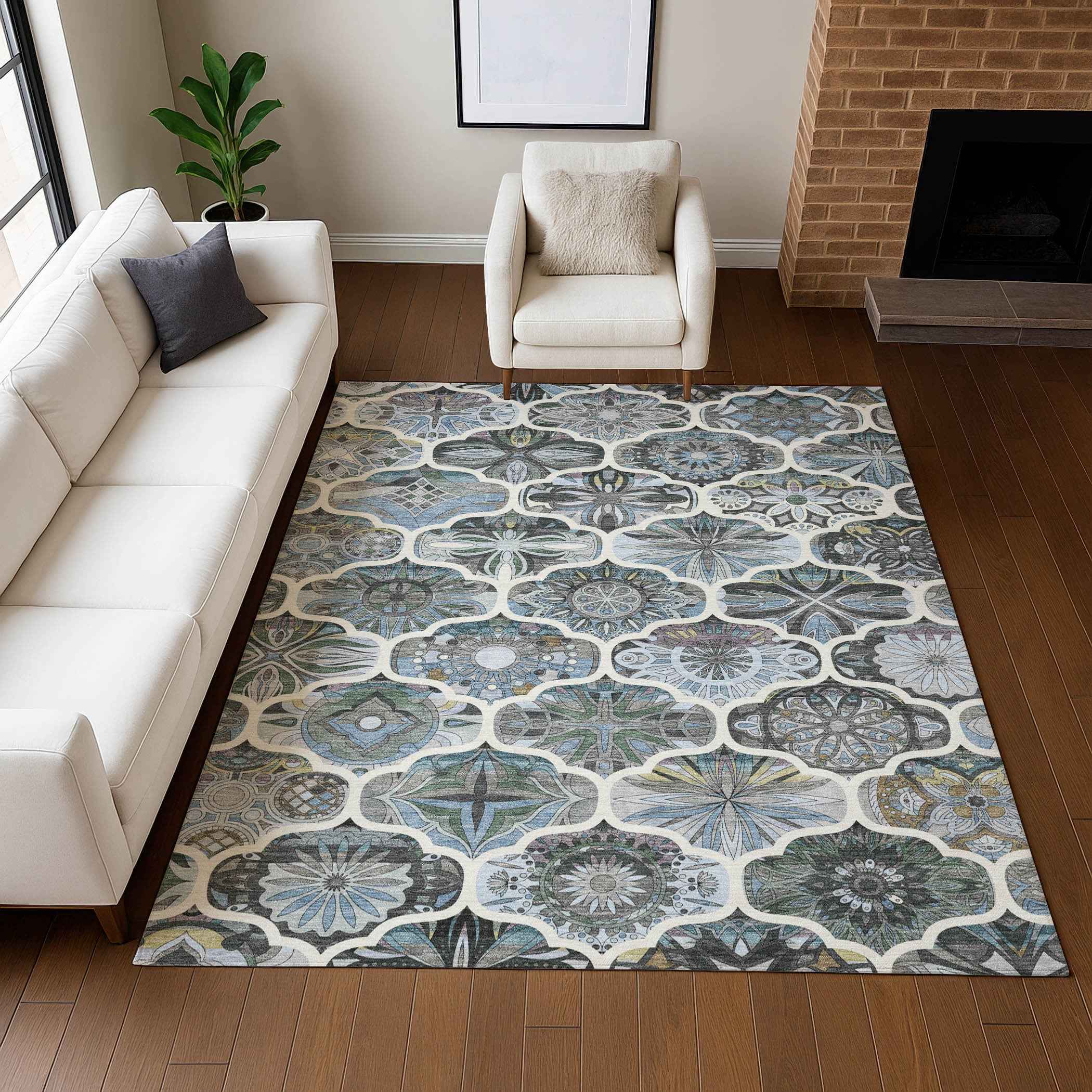 5' X 8' Blue And Ivory Quatrefoil Washable Indoor Outdoor Area Rug