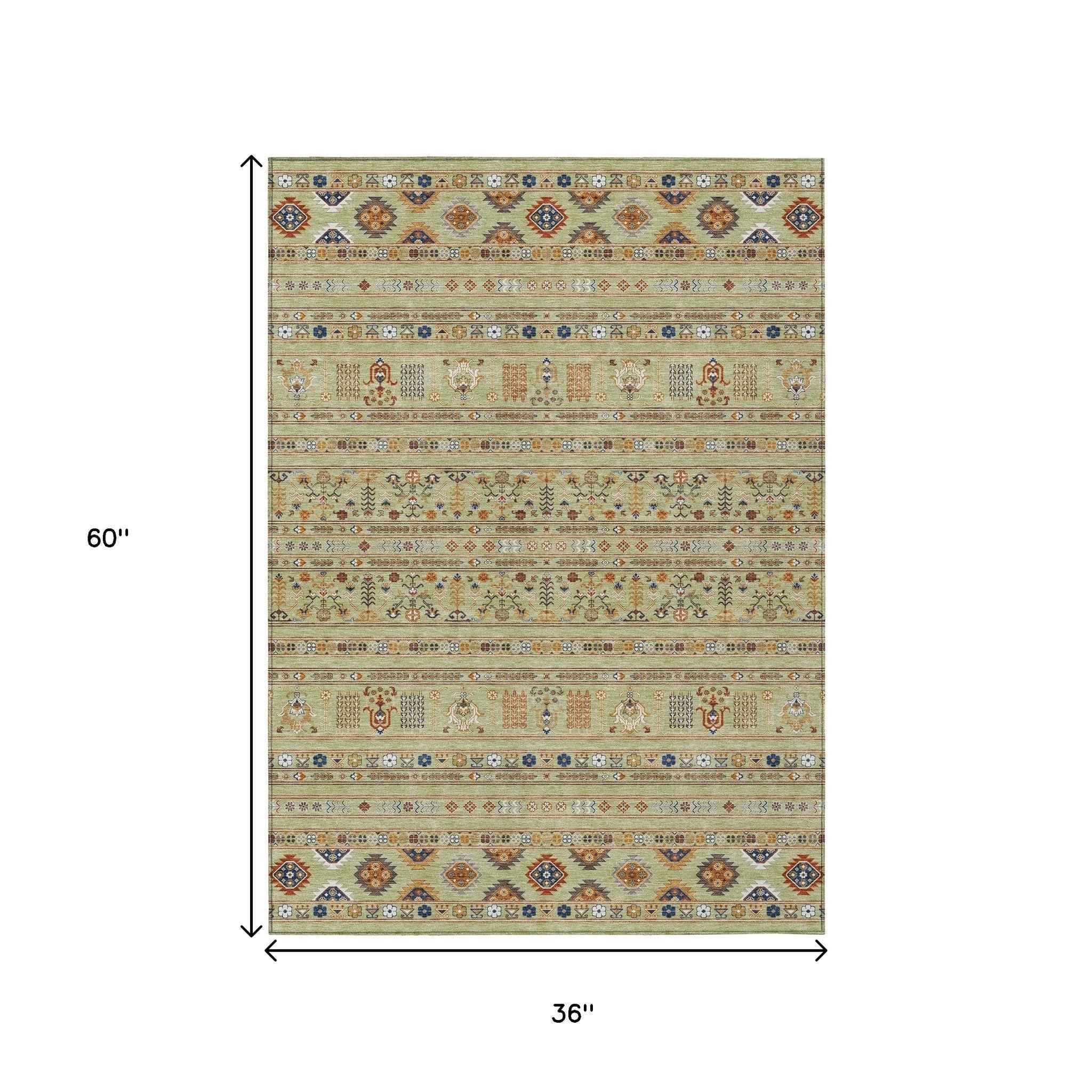 3' X 5' Artichoke Green Blue And Copper Tribal Washable Indoor Outdoor Area Rug