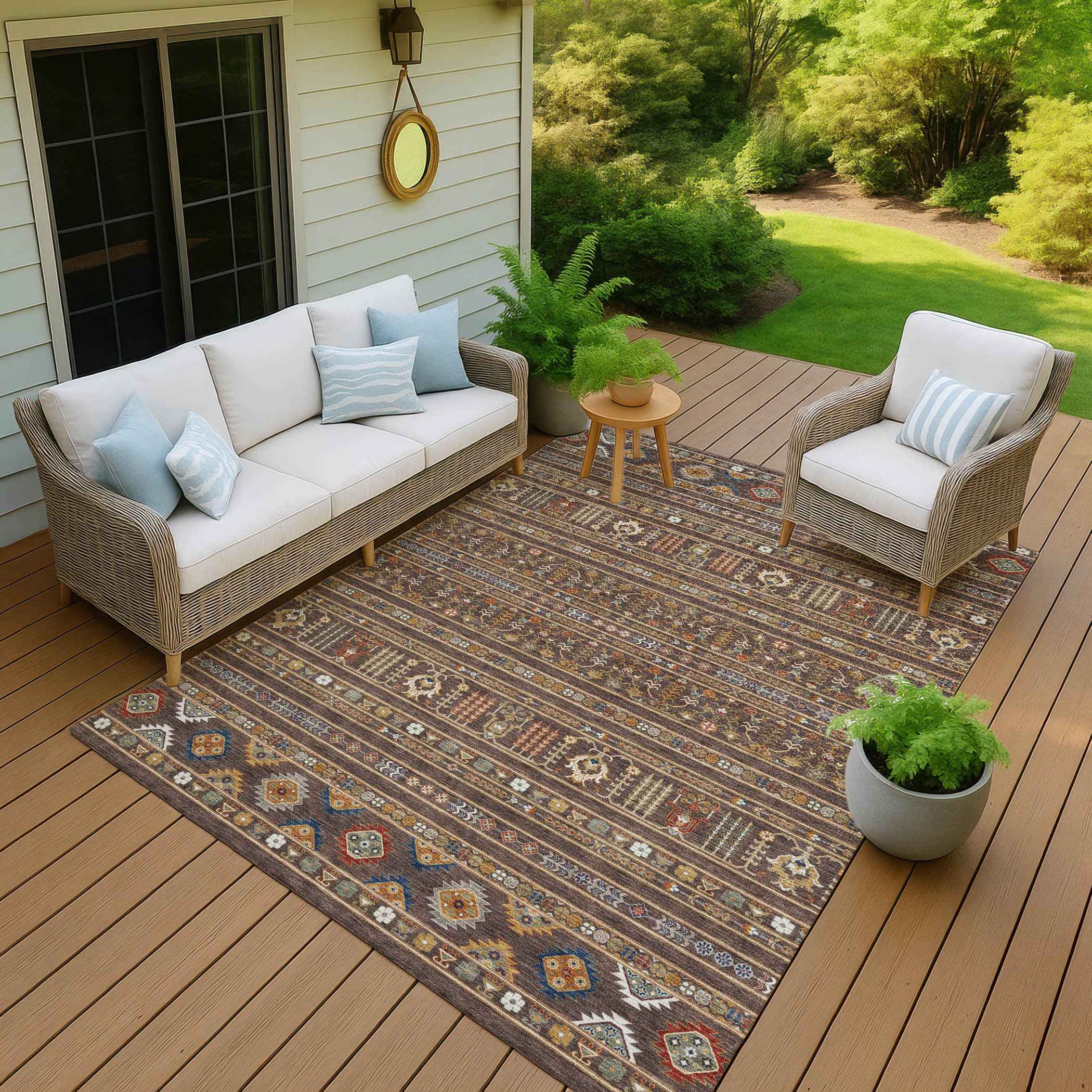 9' X 12' Chocolate Blue And Copper Tribal Washable Indoor Outdoor Area Rug