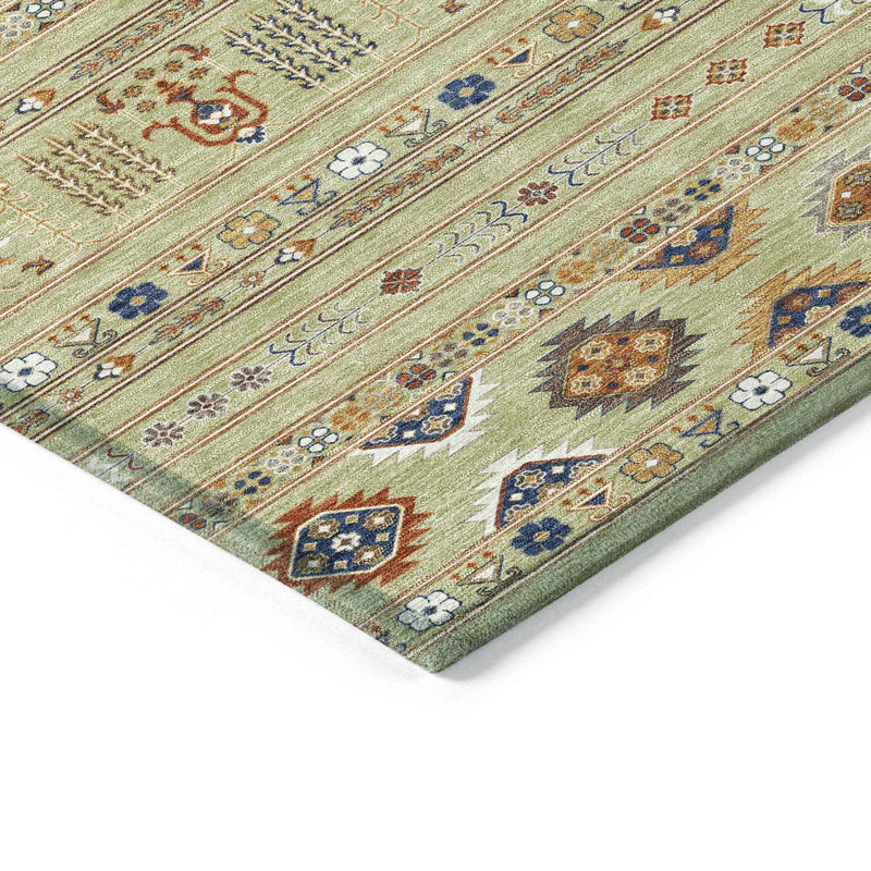 3' X 5' Artichoke Green Blue And Copper Tribal Washable Indoor Outdoor Area Rug