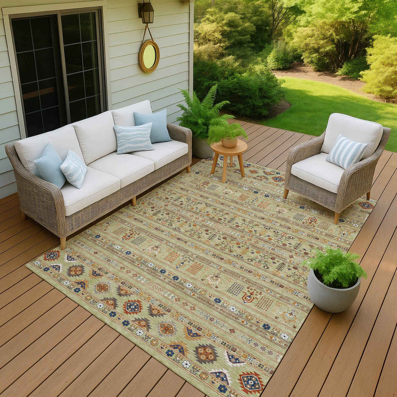 3' X 5' Artichoke Green Blue And Copper Tribal Washable Indoor Outdoor Area Rug
