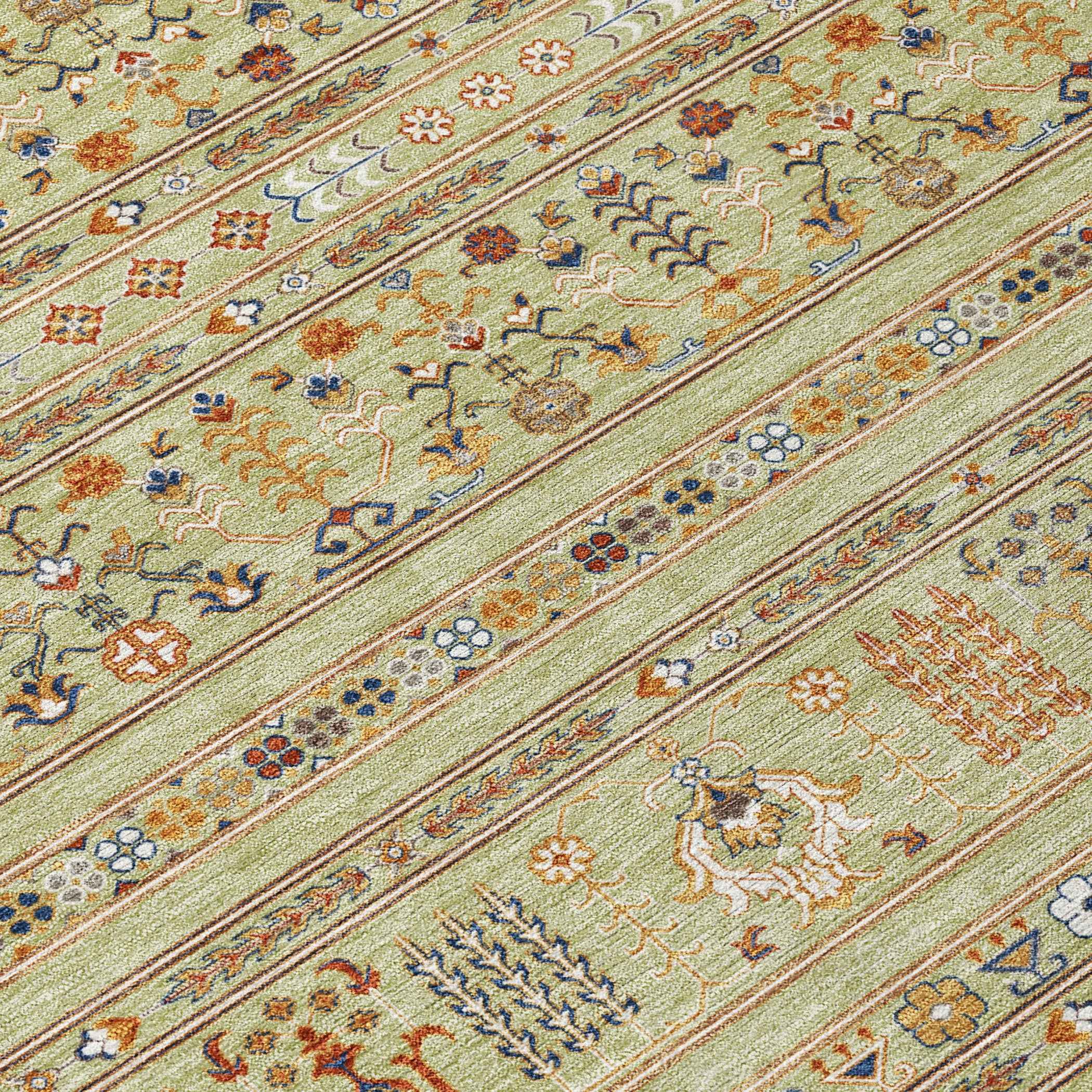 3' X 5' Artichoke Green Blue And Copper Tribal Washable Indoor Outdoor Area Rug