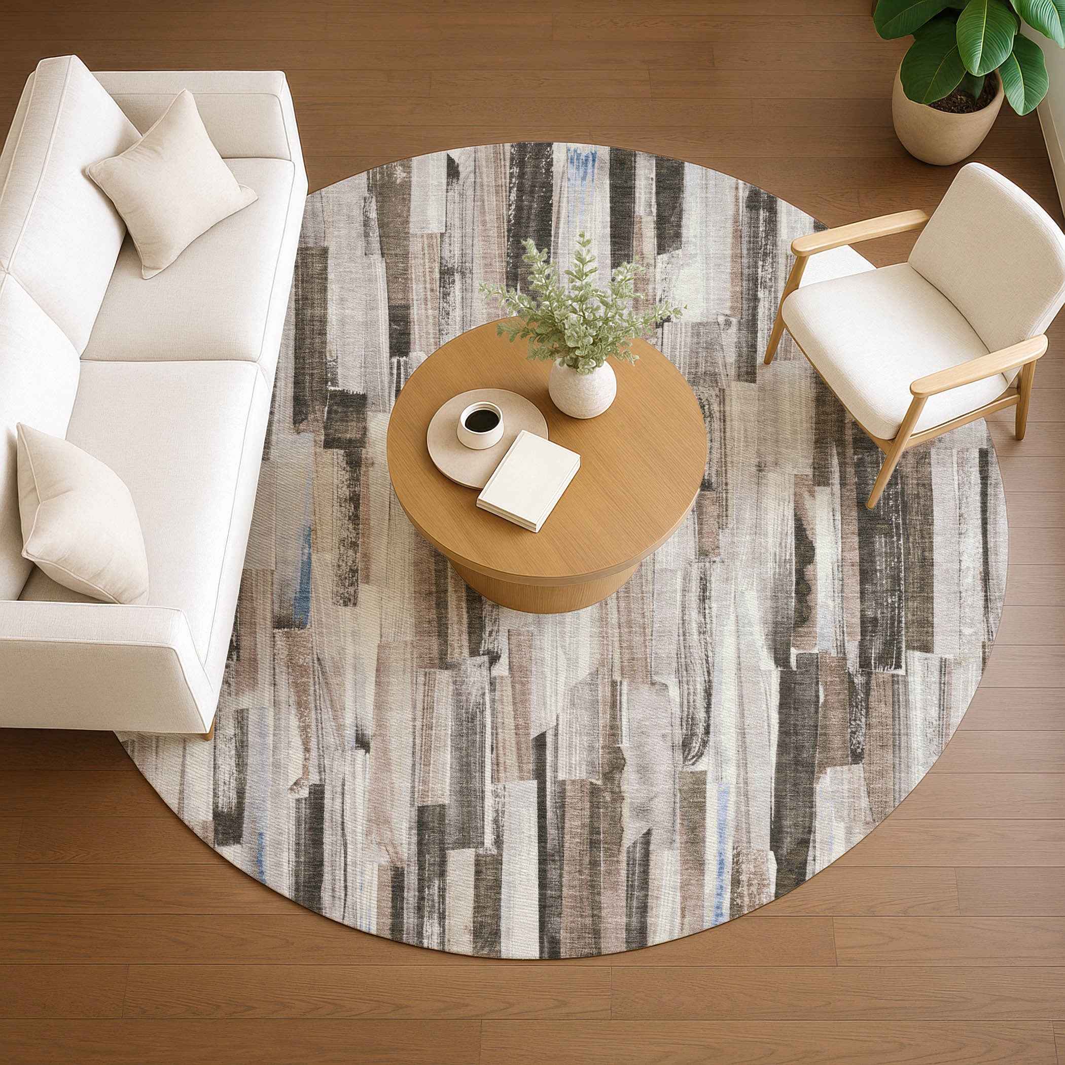 8' Khaki And Ivory Round Striped Washable Indoor Outdoor Area Rug