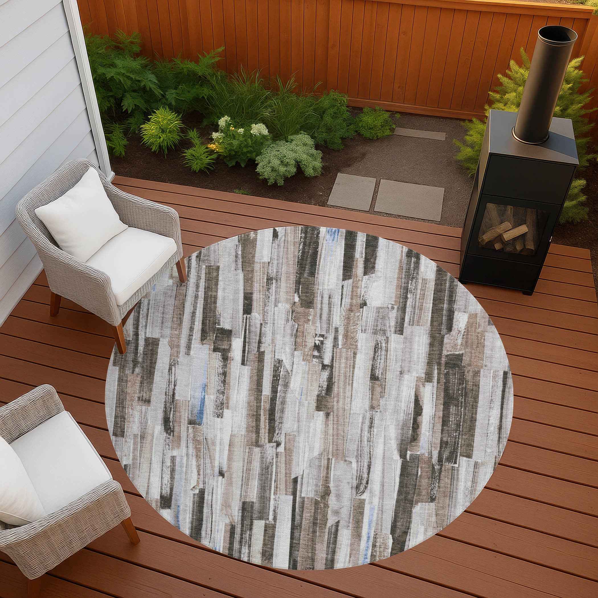 8' Khaki And Ivory Round Striped Washable Indoor Outdoor Area Rug